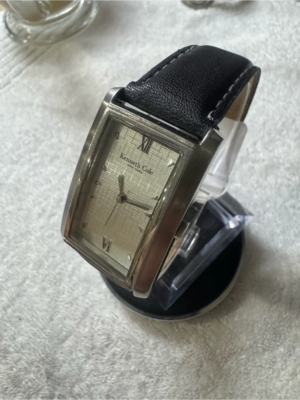 Kenneth Cole Silver Rectangular Case Watch with Black Leather Strap